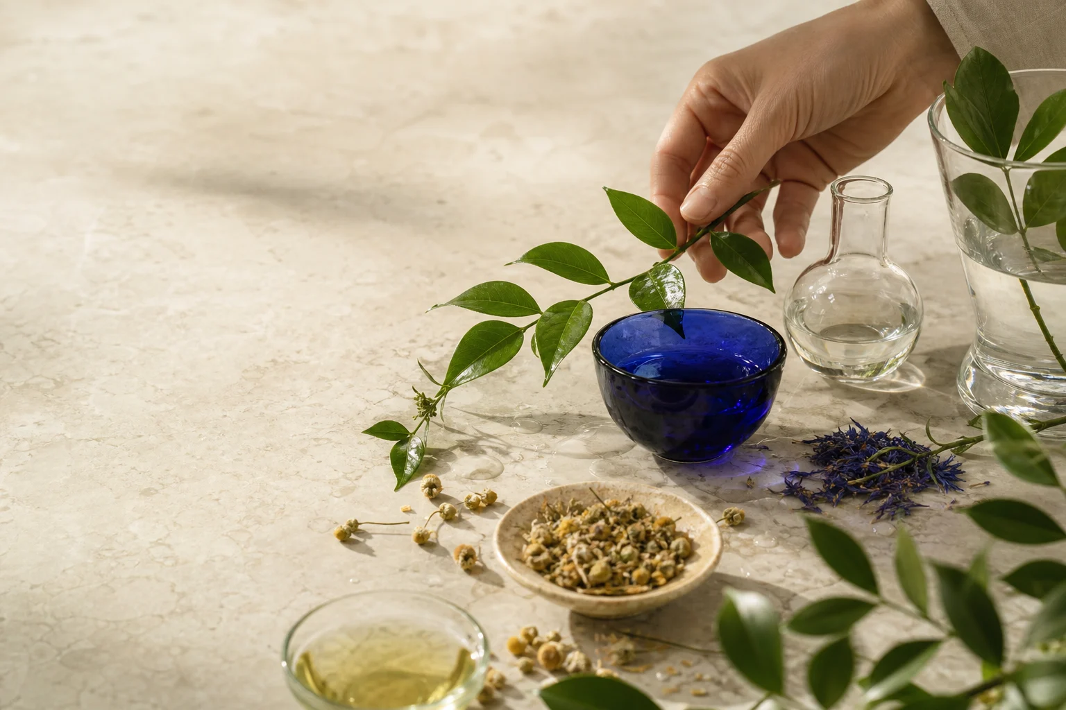 Botanical ingredients and glass vessels arranged on a natural stone work surface