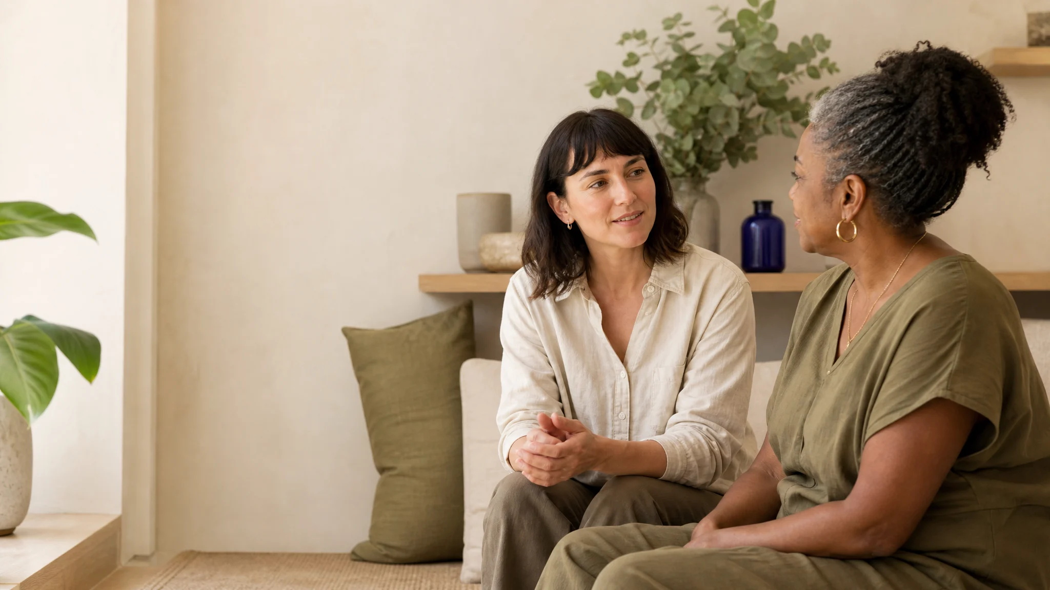 A skincare professional answering a client's questions in a calm studio