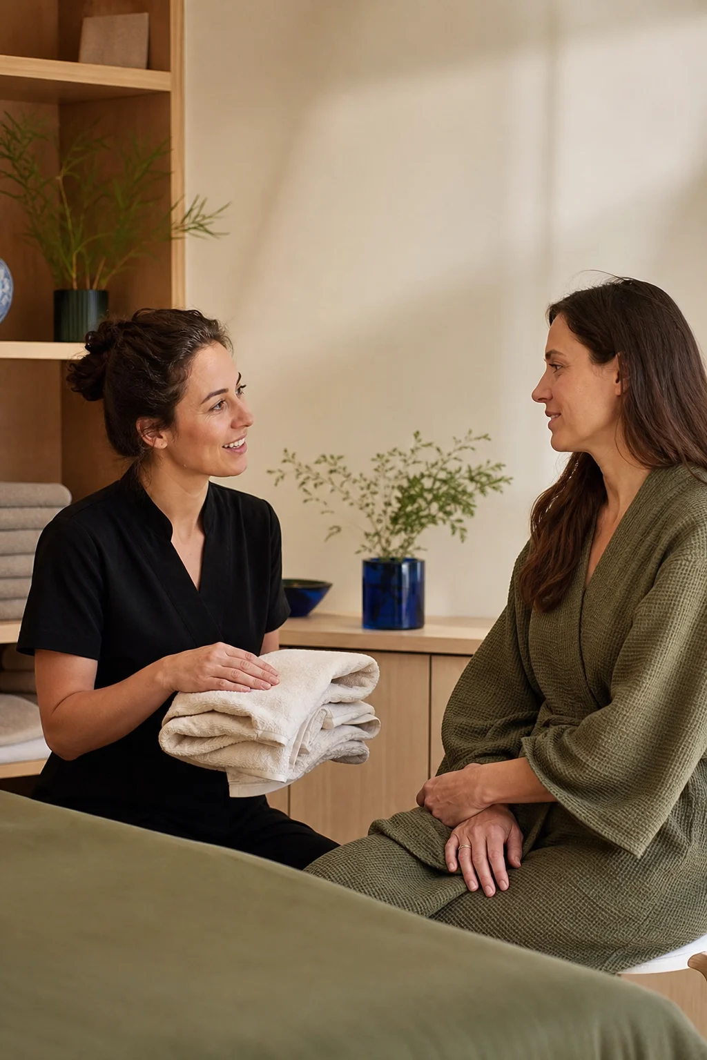 A spa professional speaking with a client before her treatment